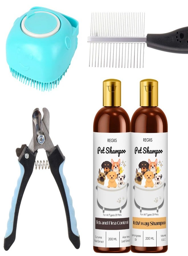 REGIIS Pet Grooming Kit, Dog Shampoo Set with Tick and Flea Control, Itch Away Shampoo, Silicone Brush, Nail Clipper, Metal Comb, 5 Piece Dog Bathing Supplies(5 pack) - Image 1